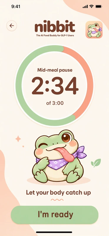 Nibbit mid-meal pause at 2 minutes 34 seconds of 3 minutes, with the message let your body catch up.