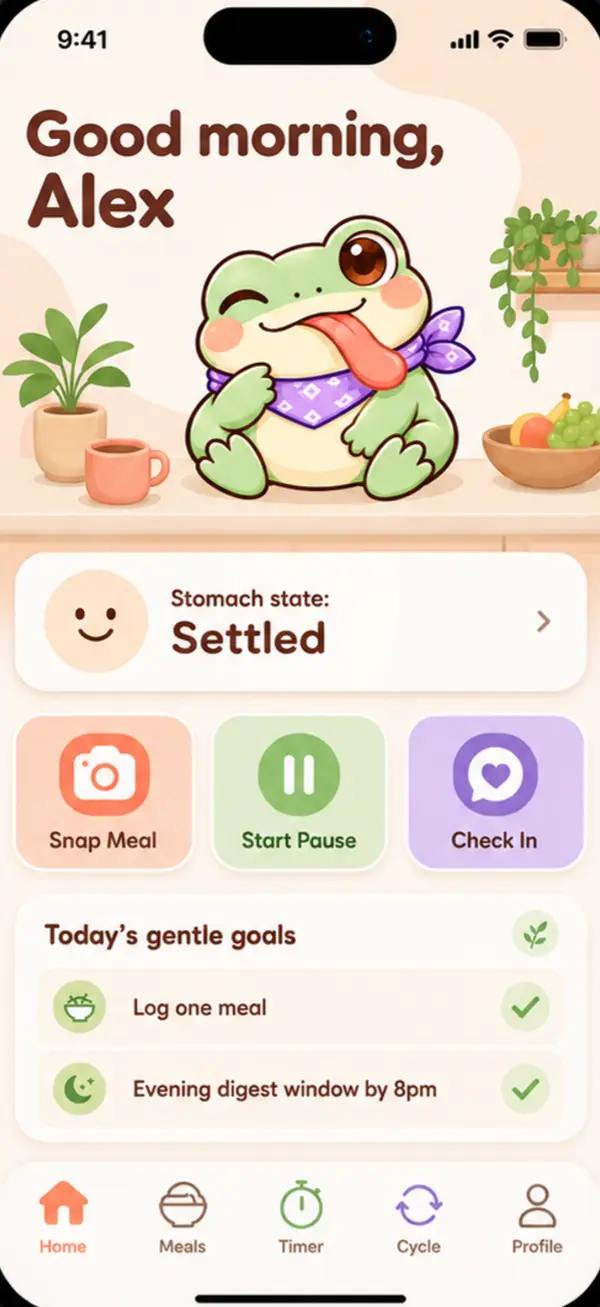 Nibbit home screen showing Stomach state: Settled, with buttons to snap a meal, start a pause and check in